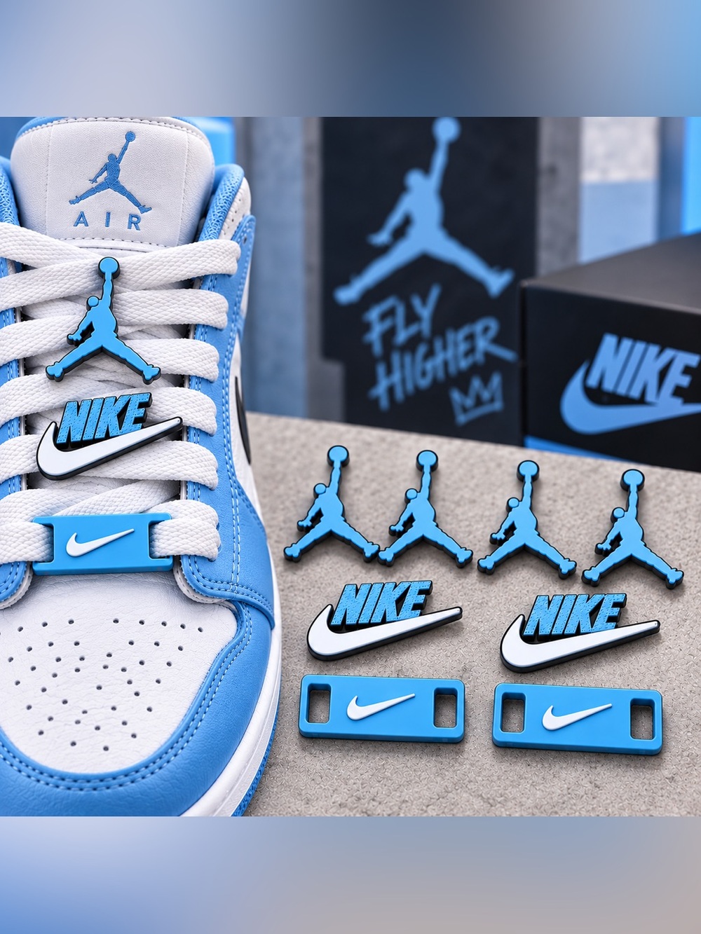 UNC Blue & White Jumpman and Swoosh Shoe Charms 8 piece Set